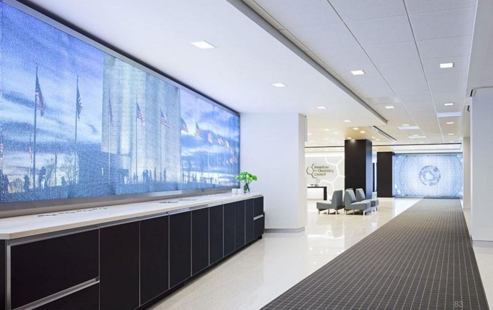 American Chemistry Council headquarters lobby interior in Washington DC featuring large-scale photographic glass wall and integrated brand graphics &mdash; 92,000 square foot fit-out by Barbara D. Currie.