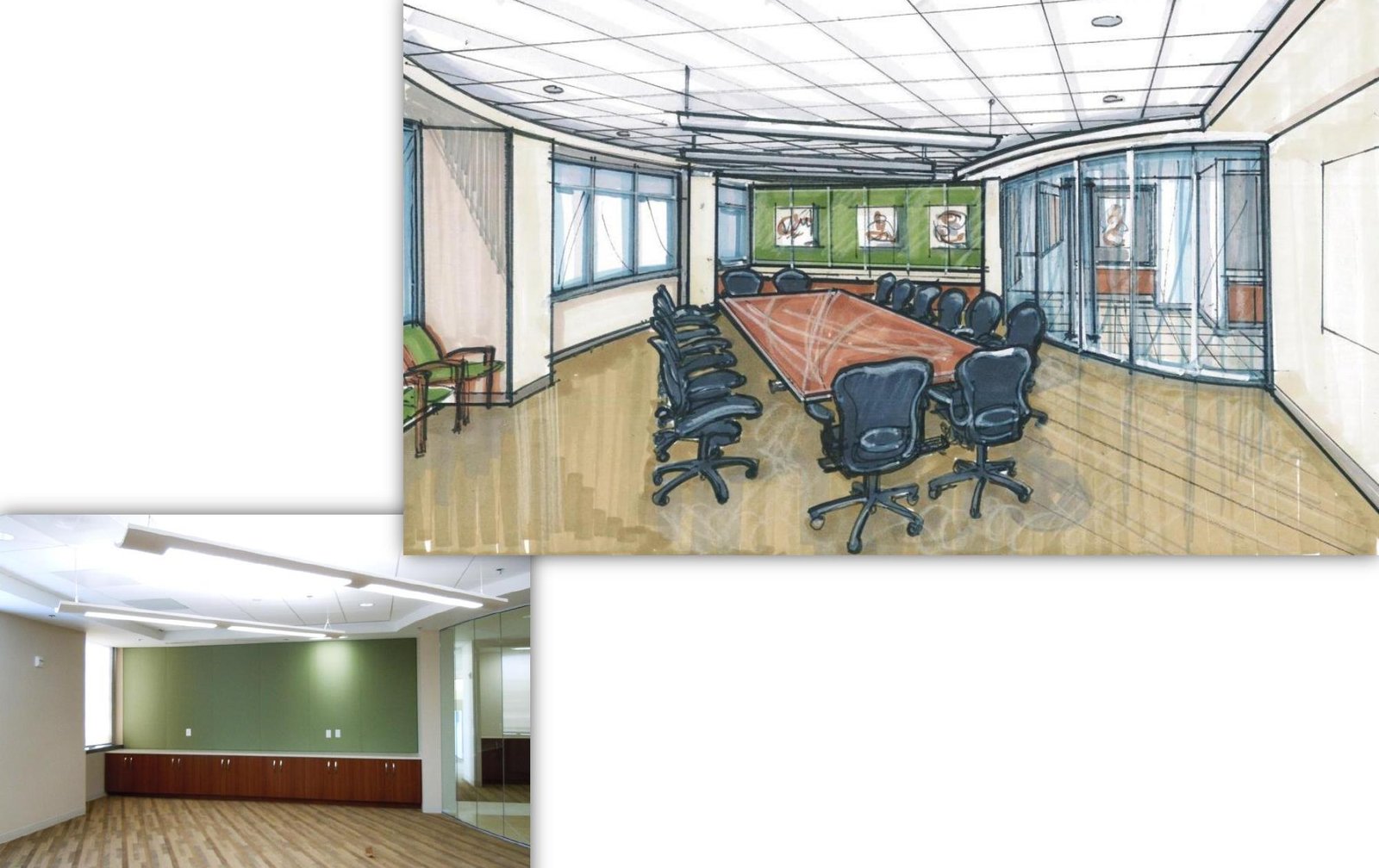 Executive board room hand-drawn rendering by Barbara D. Currie showing custom millwork conference table and Aeron chair seating with integrated A/V.