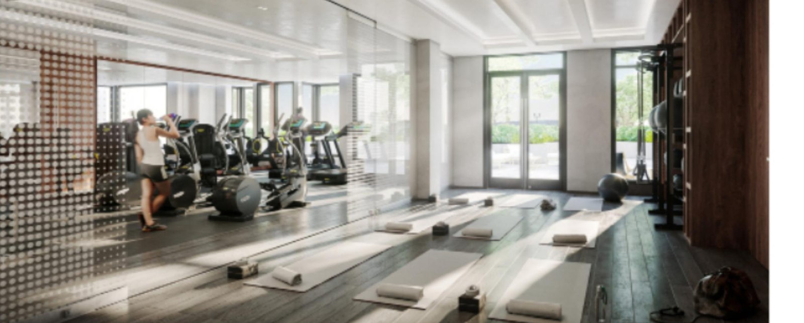 Robinson Landing fitness center interior with mirrored studio wall, premium cardio equipment, custom decorative metal screen, and dark hardwood flooring &mdash; resident amenity space in Old Town Alexandria Virginia by Barbara D. Currie.
