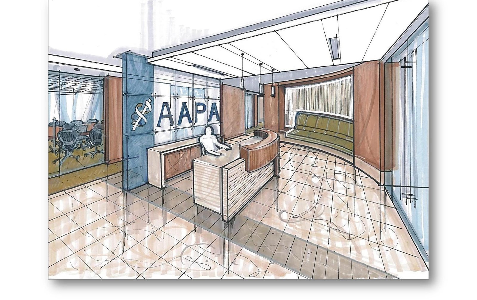 Hand-drawn reception area rendering by Barbara D. Currie for the American Academy of Physician Assistants headquarters in Alexandria, Virginia &mdash; an example of her conceptual sketch work used in client design presentations.