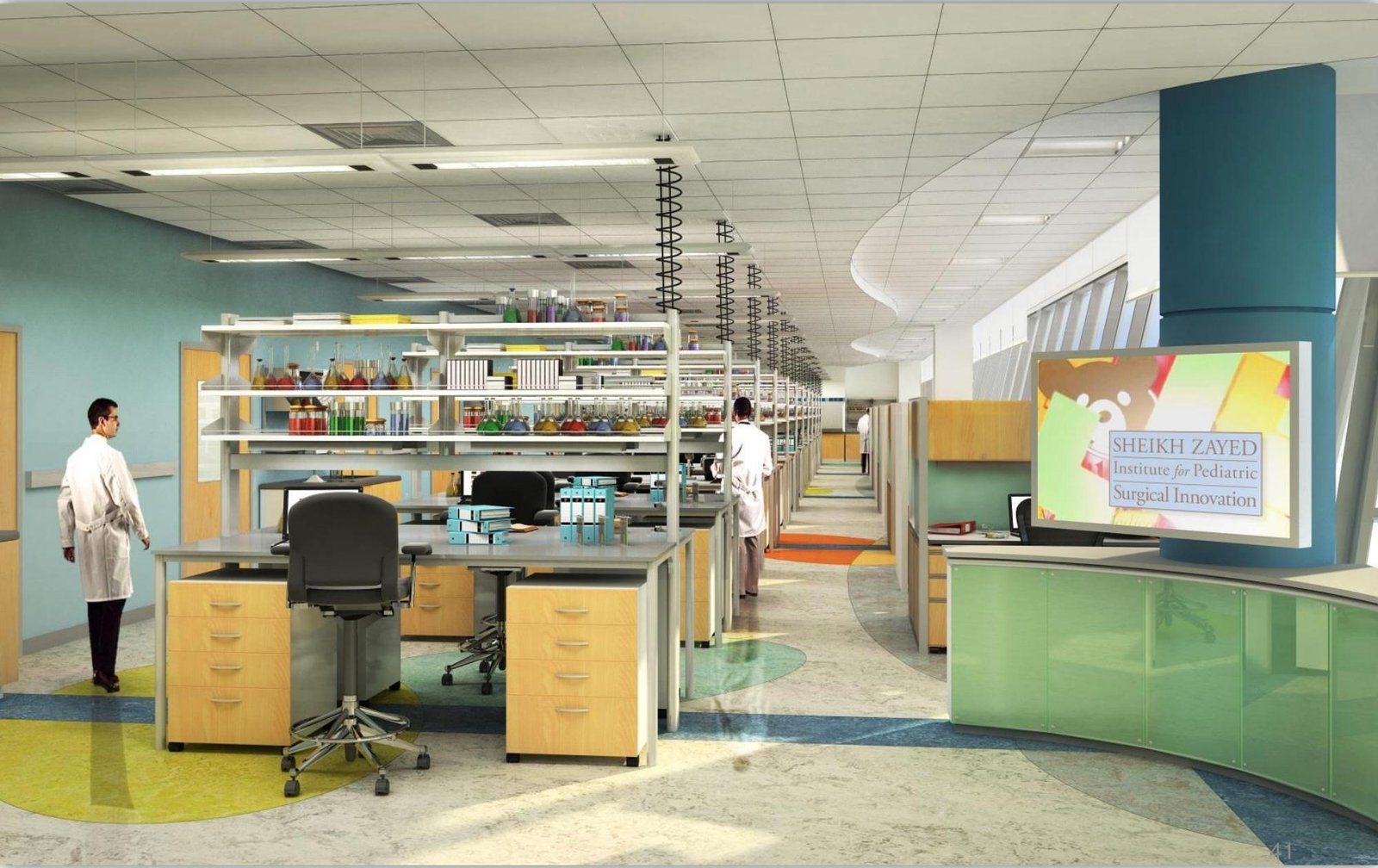 Pediatric translational research laboratory rendering for the Sheikh Zayed Institute for Pediatric Surgical Innovation at Children's National Medical Center in Washington DC &mdash; a LEED-Gold-slated 21,157 square foot facility designed by Barbara D. Currie.