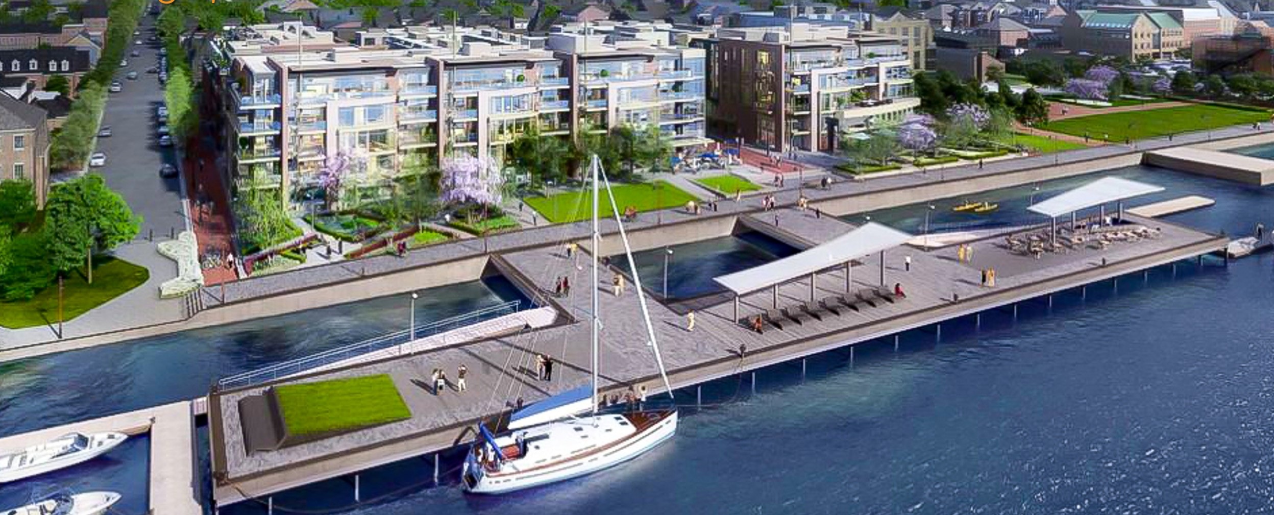 Aerial rendering of Robinson Landing waterfront luxury condominium development on the Potomac River in Old Town Alexandria, Virginia &mdash; three buildings of 70 luxury condominiums and a public pier, with interior architecture of common areas led by Barbara D. Currie.